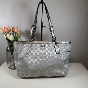 Coach Silver Metallic Signature Lurex East West Gallery Tote